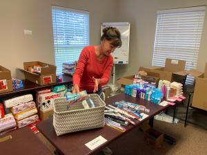 Pat Conner sorting donations for 2023 Mom & Baby Care Drive