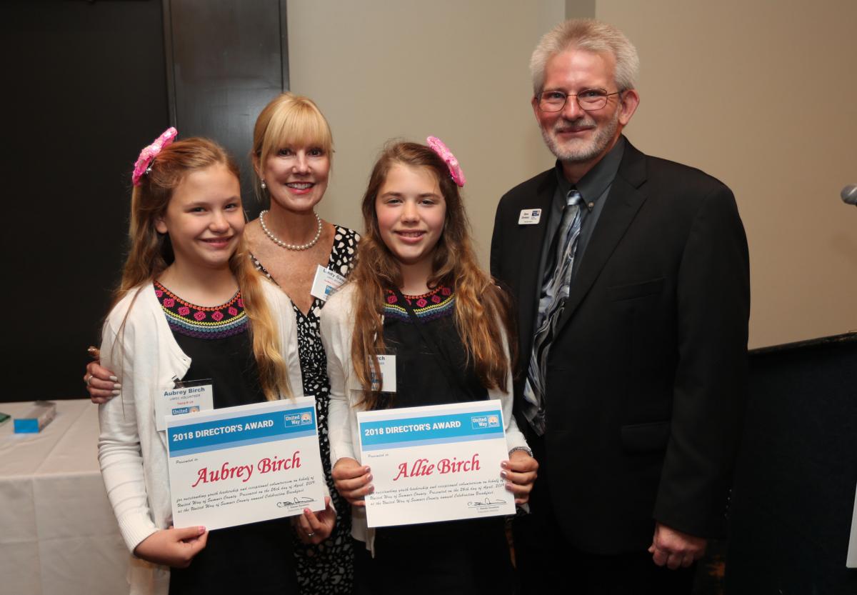 Aubrey and Allie Birch were honored as winners of the Director's Award for Youth Leadership & Volunteerism for their work on the 2018 Campaign Kickoff and other activities throughout the year by UWSC Board Chair Lindy Gaughan and UWSC Executive Director Steve Doremus.