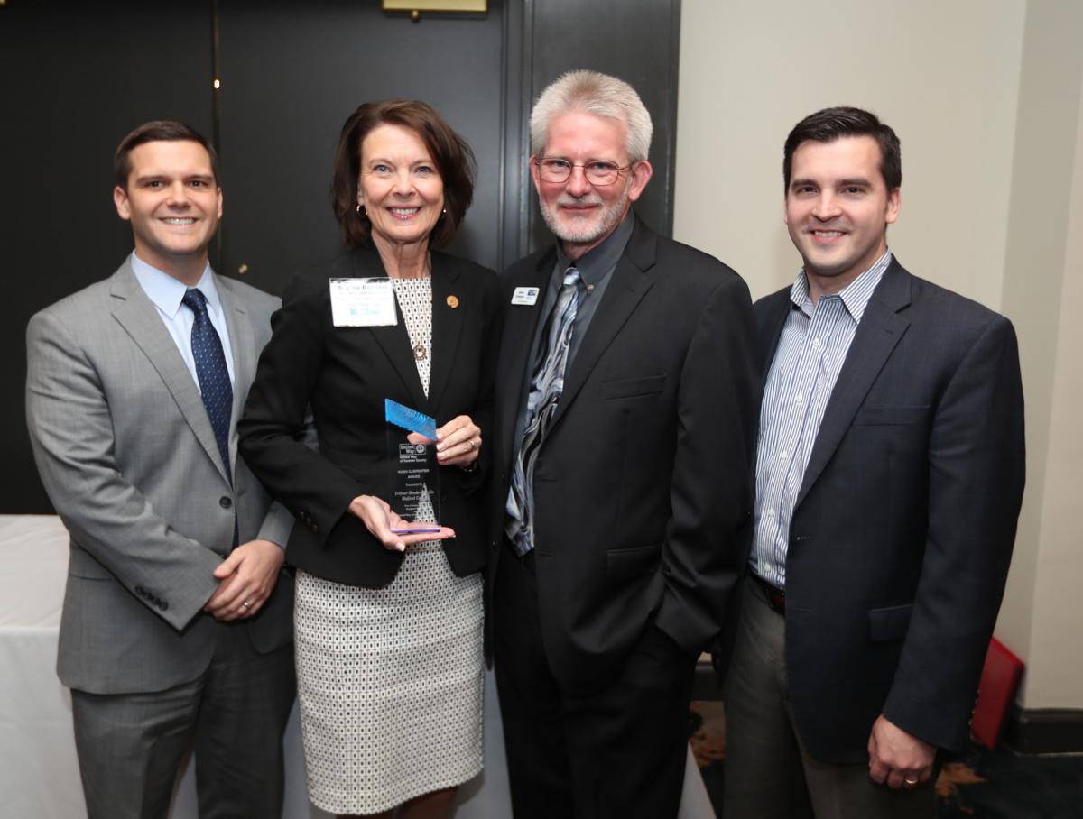 TriStar Hendersonville Medical Center received the 2018 Hugh Carpenter Award for Best Campaign of the Year. The hospital posted the largest dollar increase of any campaign in Sumner County during the year, jumping by more than $12,000. Pictured receiving the award from UWSC Executive Director Steve Doremus are Mark Bolen, CEO Regina Bartlett, and Stephen Bearden.