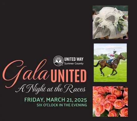 graphic for Gala United A Night at the Races with a photo of a woman wearing a hat, a jockey on a horse, and coral roses