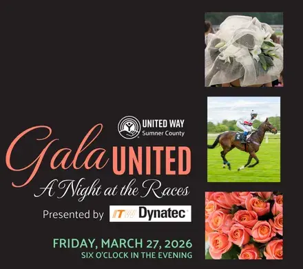 graphic for Gala United A Night at the Races with a photo of a woman wearing a hat, a jockey on a horse, and coral roses showing presented by Dollar General