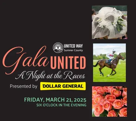 graphic for Gala United A Night at the Races with a photo of a woman wearing a hat, a jockey on a horse, and coral roses showing presented by Dollar General