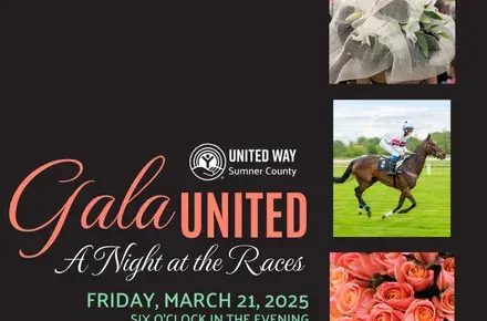 graphic for Gala United A Night at the Races with a photo of a woman wearing a hat, a jockey on a horse, and coral roses