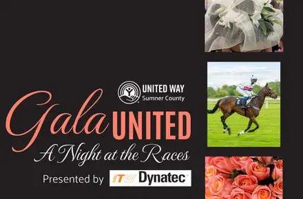 graphic for Gala United A Night at the Races with a photo of a woman wearing a hat, a jockey on a horse, and coral roses showing presented by Dollar General